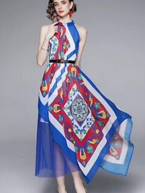 Blue Printed Halter Maxi Dress